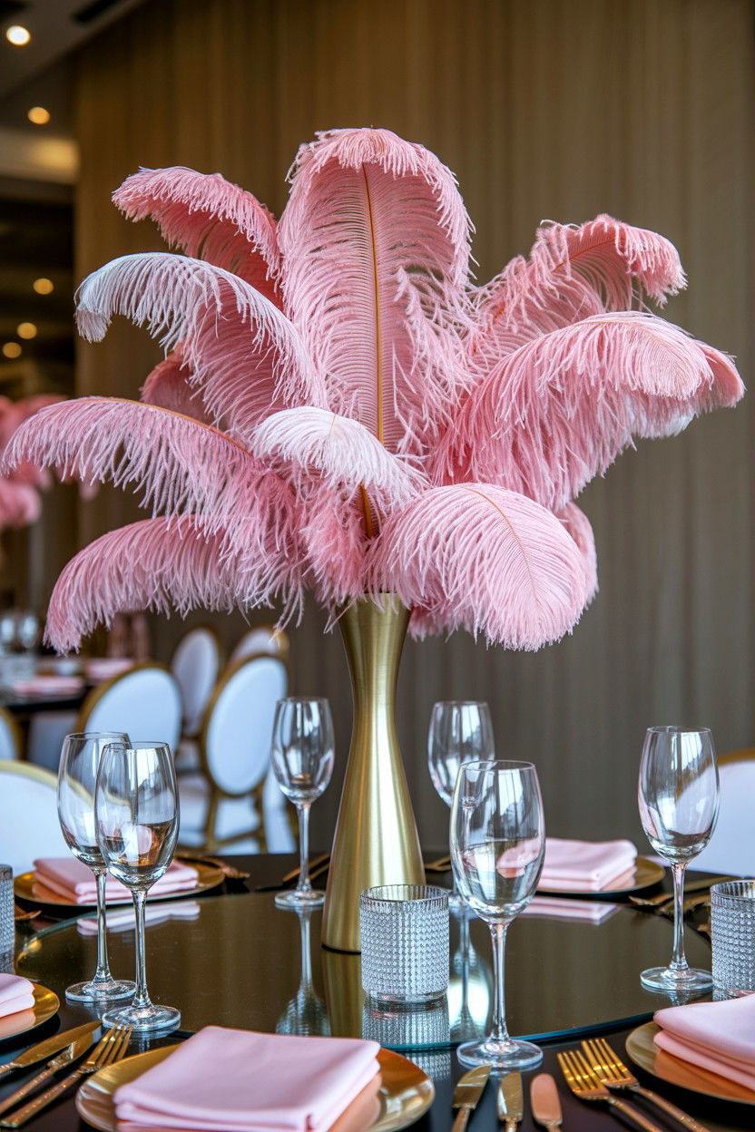 Pink feather table decor - 25 Valentine's Day Centerpiece Ideas