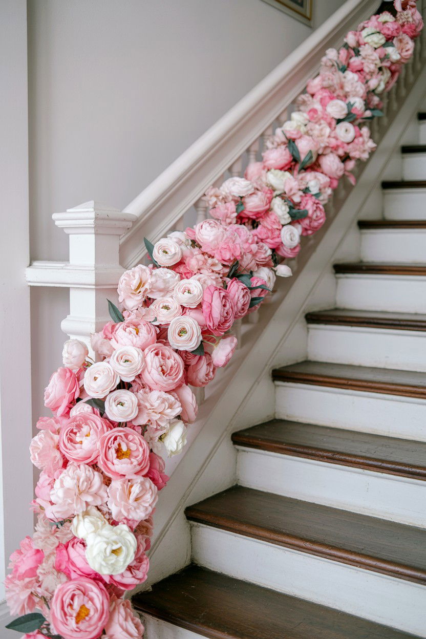 Pink floral garland for staircase - 25 Valentine's Day Staircase Decor Ideas