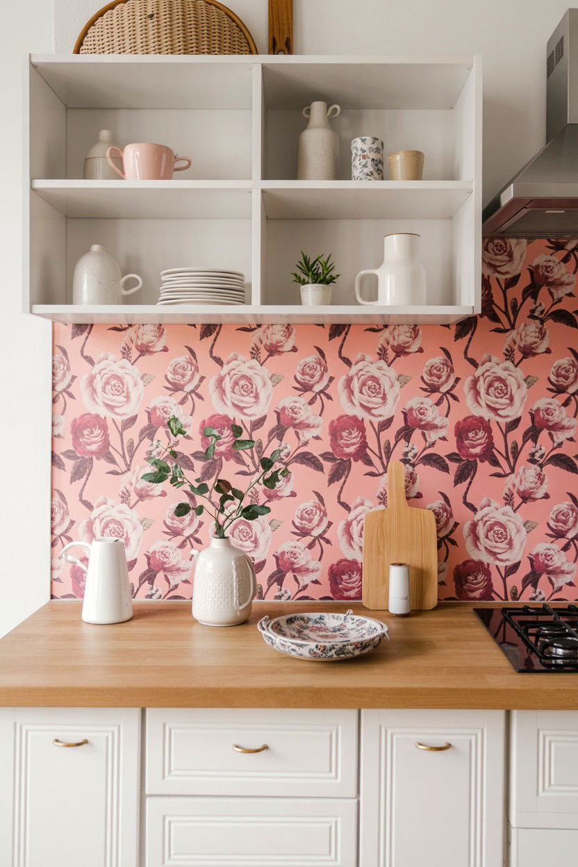 Pink floral wallpaper accent - 25 Valentine's Day Kitchen Decor Ideas