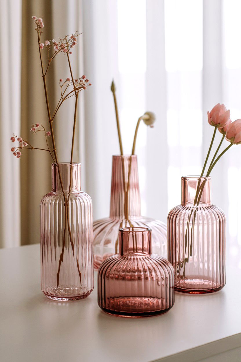 Pink glass vases - 25 Valentine's Day Shelf Decor Ideas