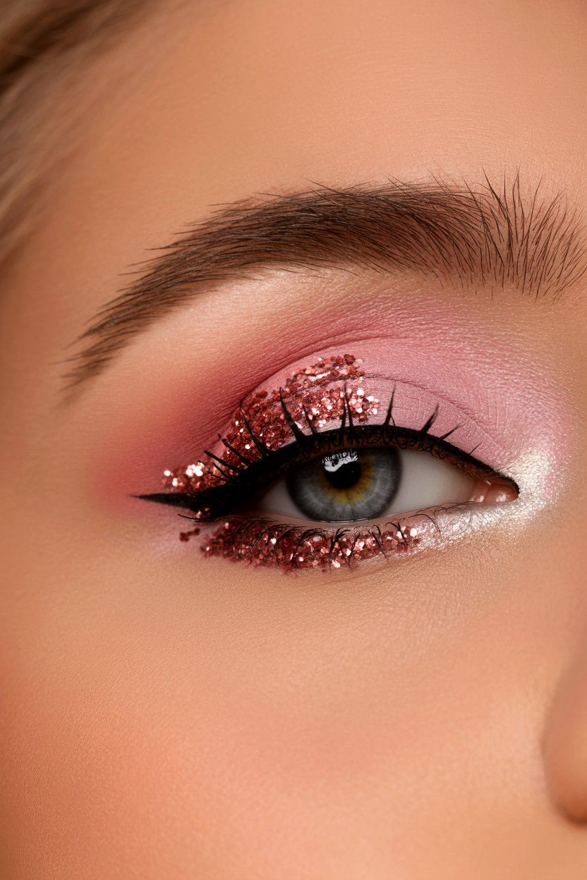 Pink glitter eye - 25 Smoky Eye Valentine's Day Looks