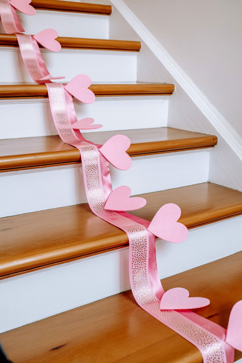 Pink heart garland for stairs - 25 Valentine's Day Staircase Decor Ideas