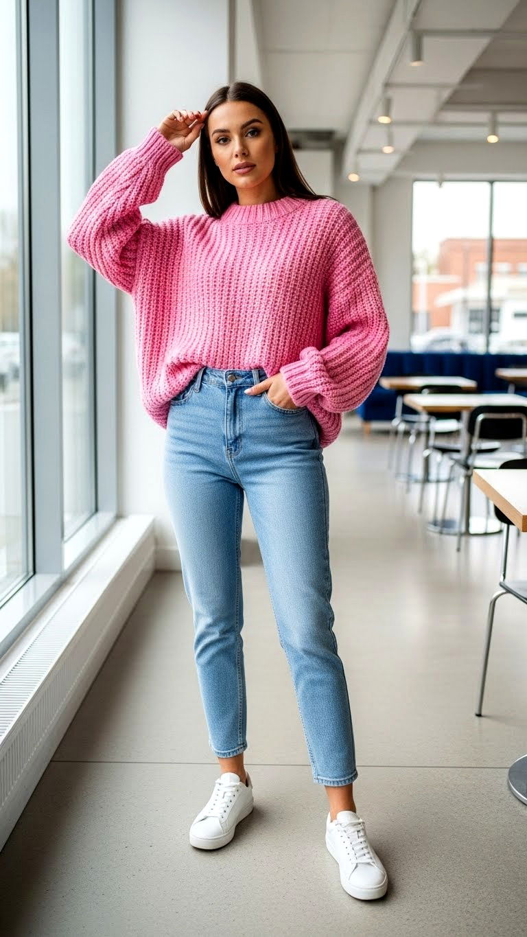 Pink oversized sweater and jeans - 25 valentine's day outfit ideas for women