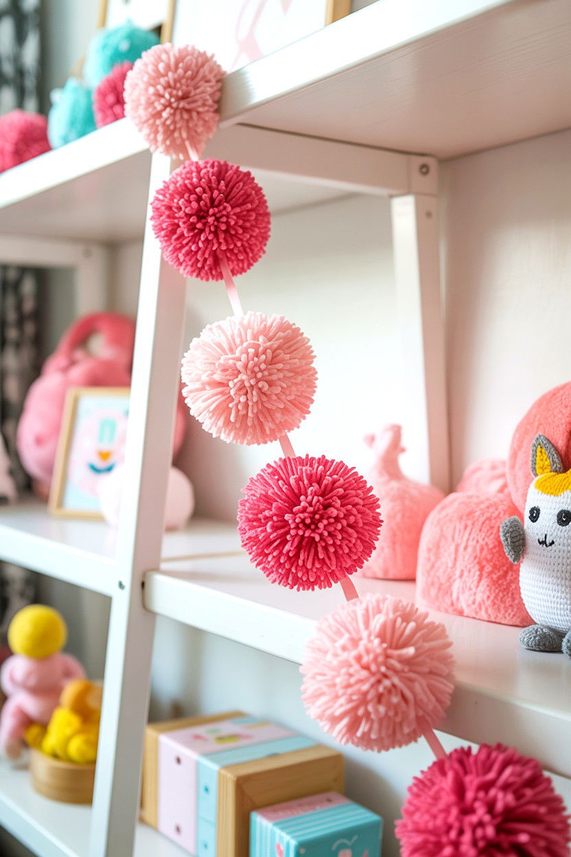 Pink pom pom garland - 25 Valentine's Day Shelf Decor Ideas