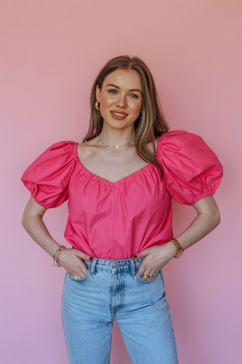 Pink puff sleeve blouse and jeans - 25 Valentine's Day Outfits for Teens