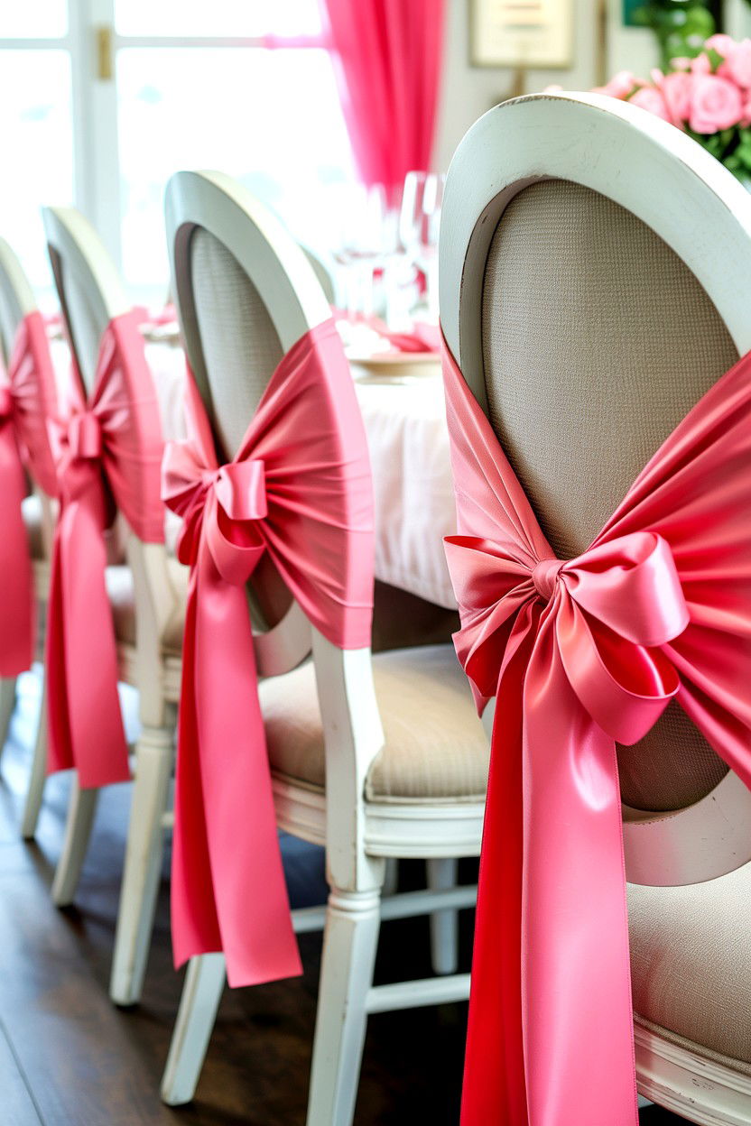 Pink ribbon chair accents - 25 Valentine's Day Dining Room Decor Ideas
