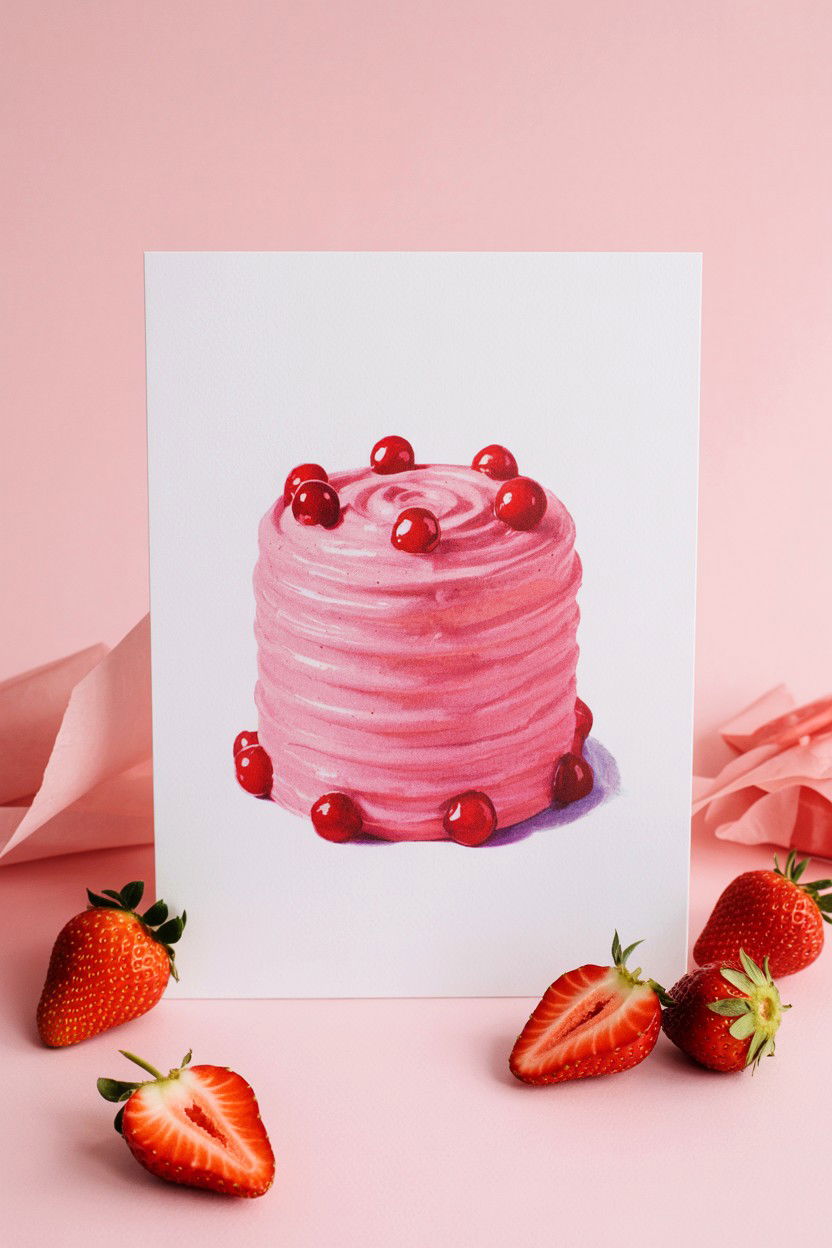 Pink strawberry cake art - 25 Valentine's Day Art Print Ideas