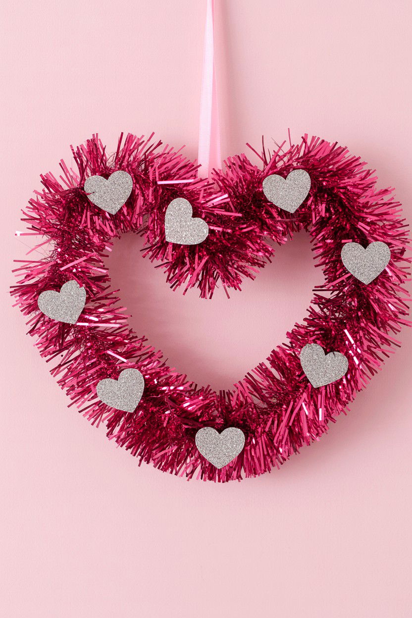 Pink tinsel heart wreath - 25 Vintage Valentine's Day Wreath Ideas