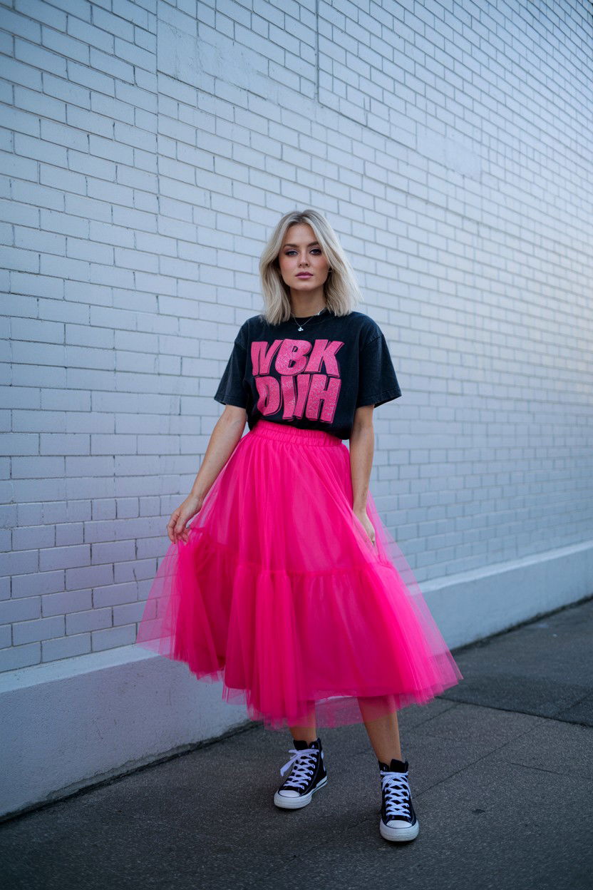 Pink tulle skirt and graphic tee - 25 Valentine's Day Outfits for Teens