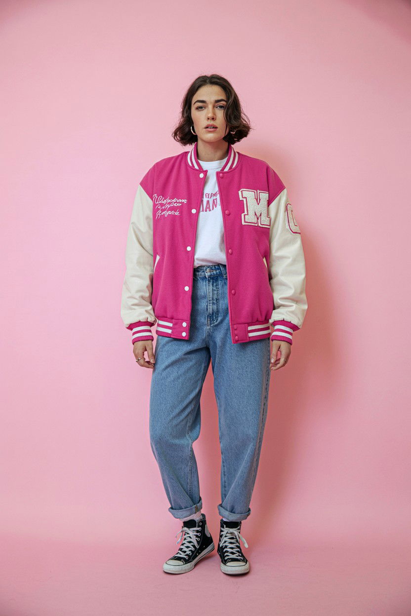 Pink varsity jacket and denim - 25 Valentine's Day Outfits for Teens