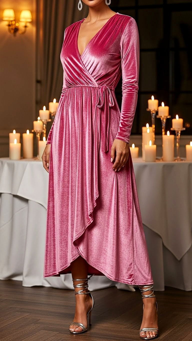 Pink velvet wrap dress - 25 valentine's day outfit ideas for women