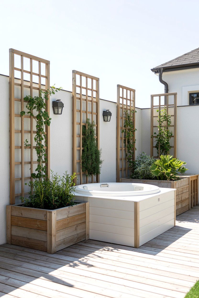 Planter boxes and trellis by the hot tub - 30 backyard hot tub ideas