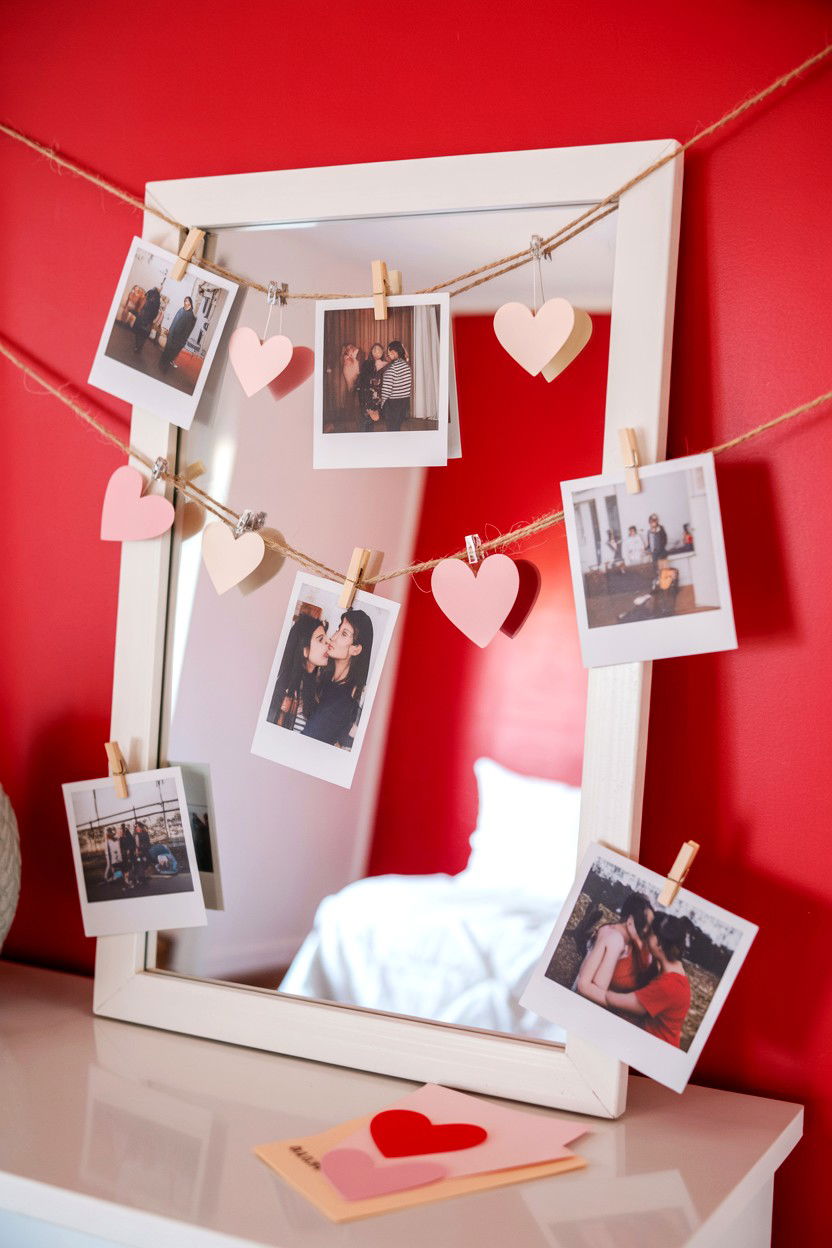 Polaroid photo mirror display - 25 Valentine's Day Mirror Decor Ideas