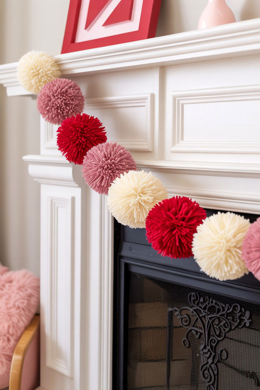 Pom Pom Garland - 25 Valentine's Day Fireplace Decor Ideas