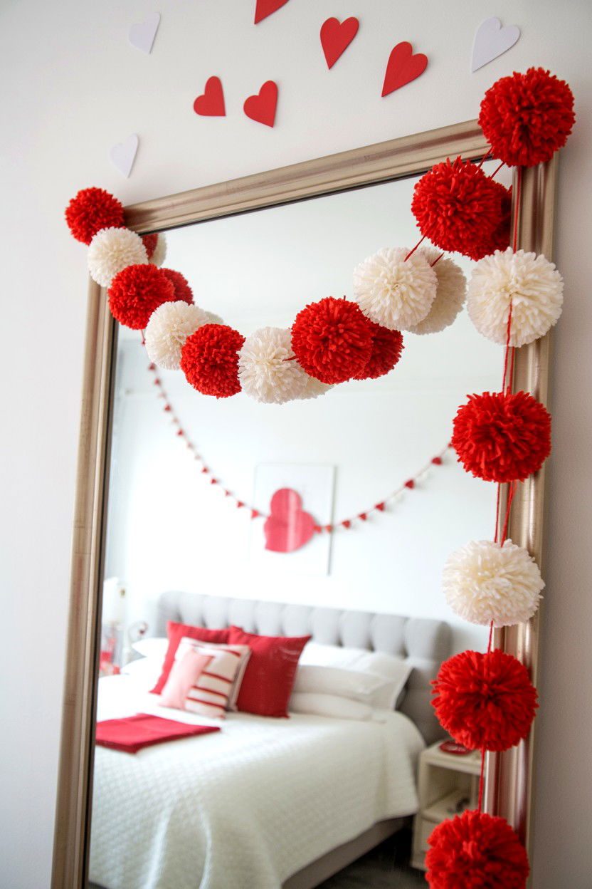 Pom Pom Garland - 25 Budget Valentine's Day Room Setup Ideas