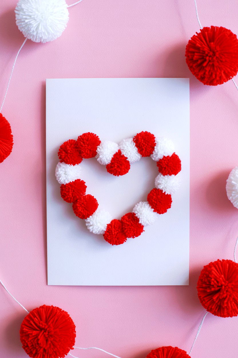 Pom Pom Heart Card - 25 Heart Valentine's Day Card Ideas