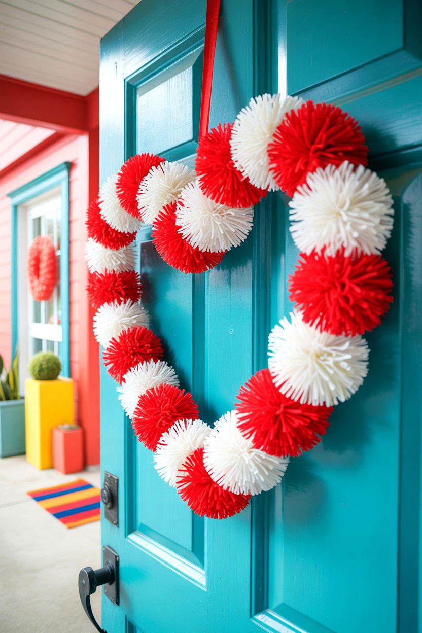 Pom Pom Heart Wreath - 25 Double Door Valentine's Day Wreath Ideas