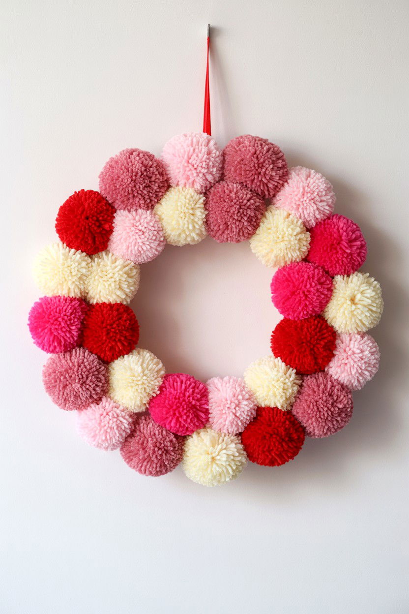 Pom Pom Valentine Wreath - 25 Yarn Valentine's Day Wreath Ideas