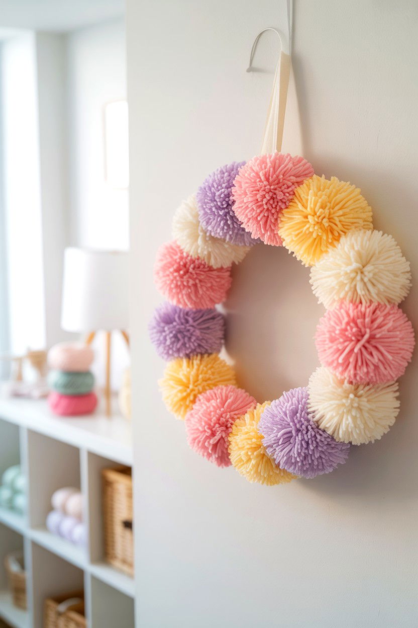 Pom Pom Wreath - 25 Dollar Store Valentine's Day Wreath Ideas