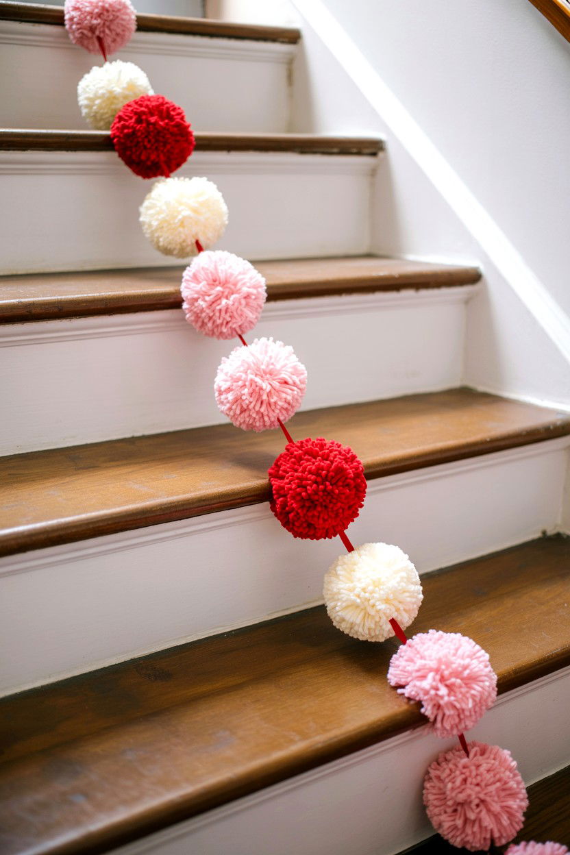 Pom pom garland for Valentine stairs - 25 Valentine's Day Staircase Decor Ideas