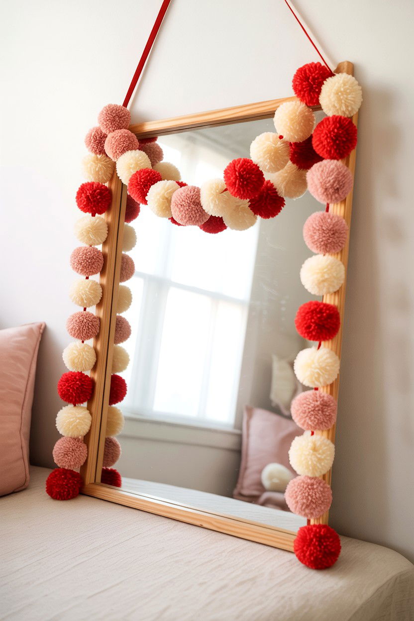 Pom pom mirror garland - 25 Valentine's Day Mirror Decor Ideas