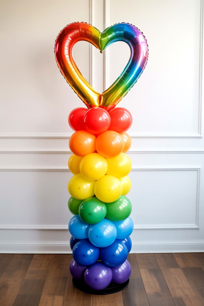 Rainbow Heart Balloon Pillar - 25 Valentine's Day Balloon Column Ideas