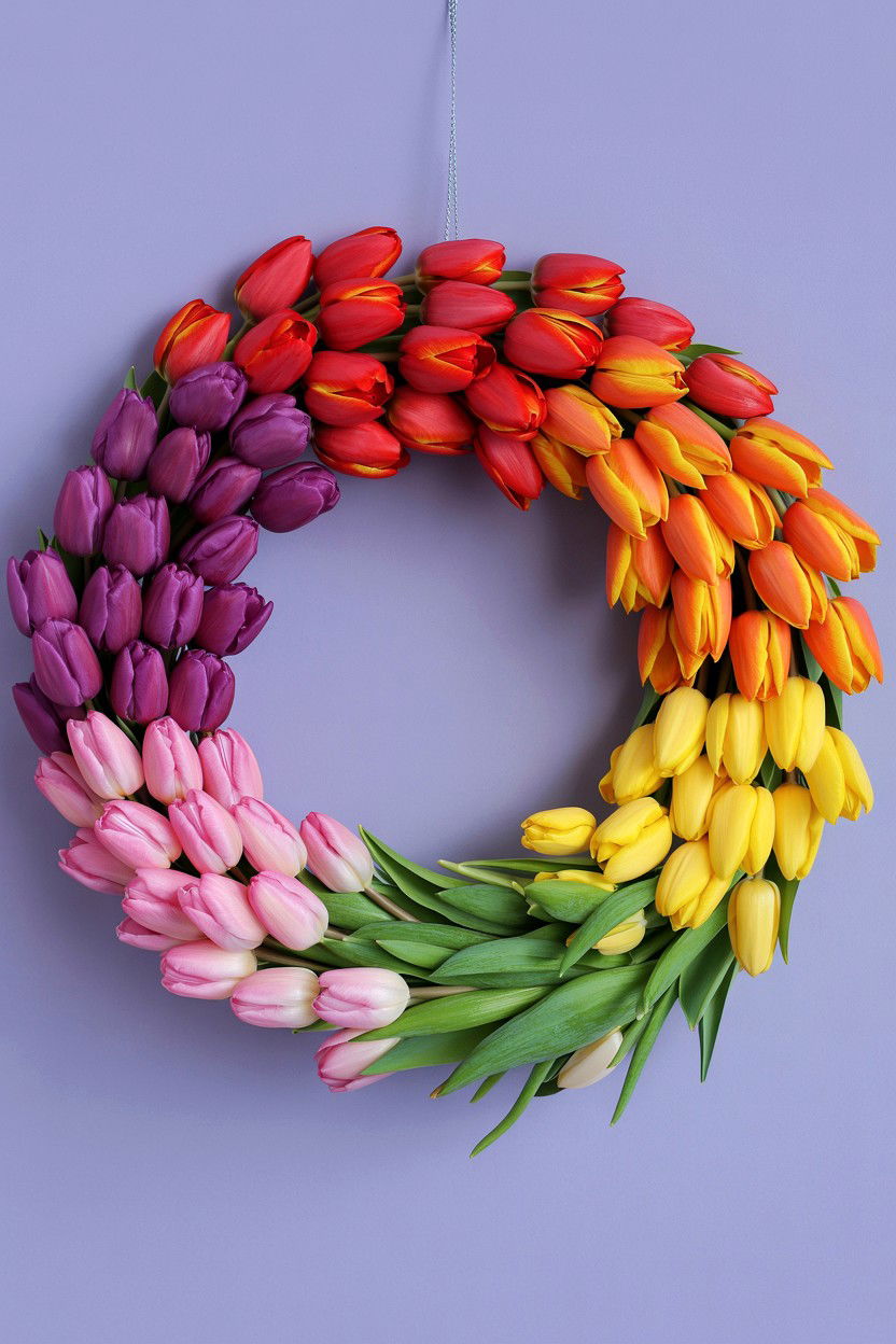 Rainbow Tulip Wreath - 25 Tulip Valentine's Day Wreath Ideas