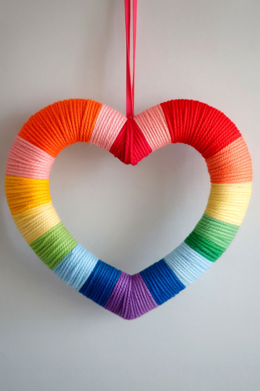 Rainbow Yarn Heart Wreath - 25 Yarn Valentine's Day Wreath Ideas