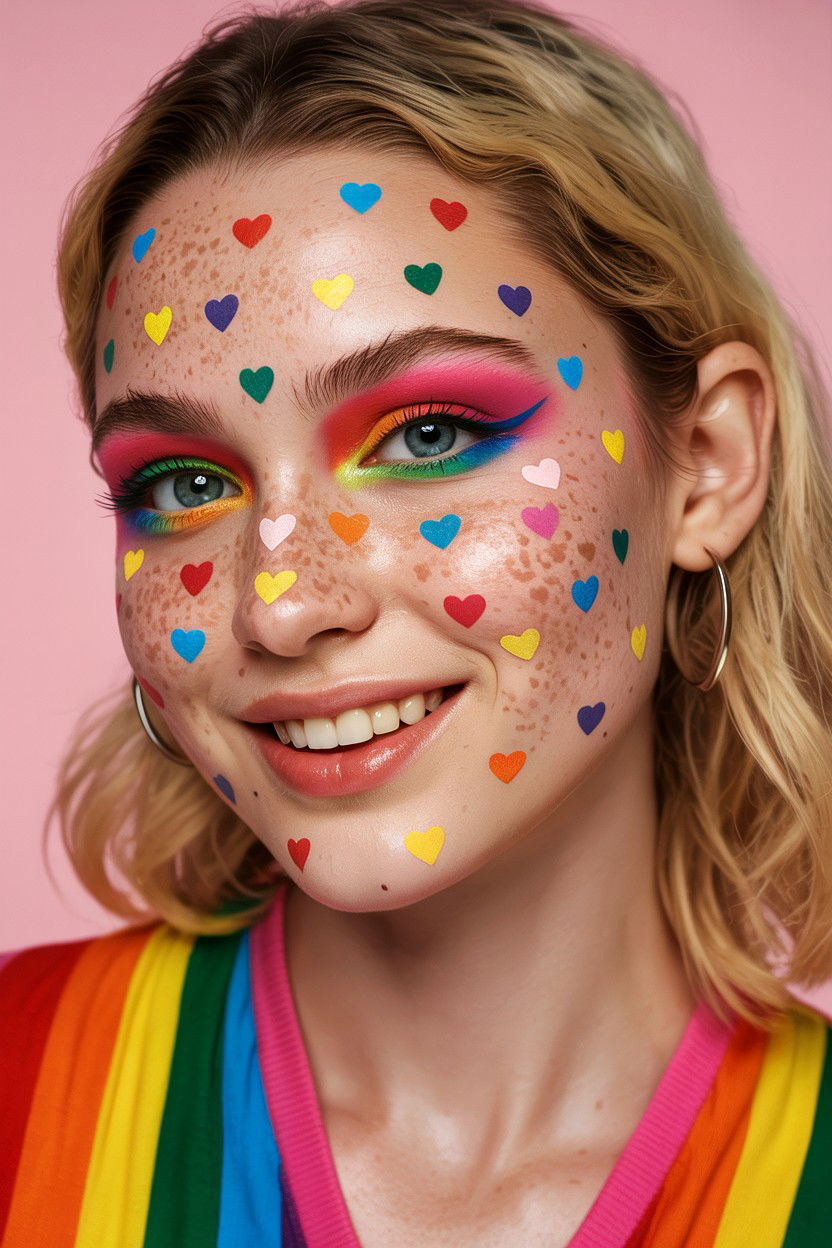Rainbow heart freckles - 25 Valentine's Day Freckle Makeup Ideas