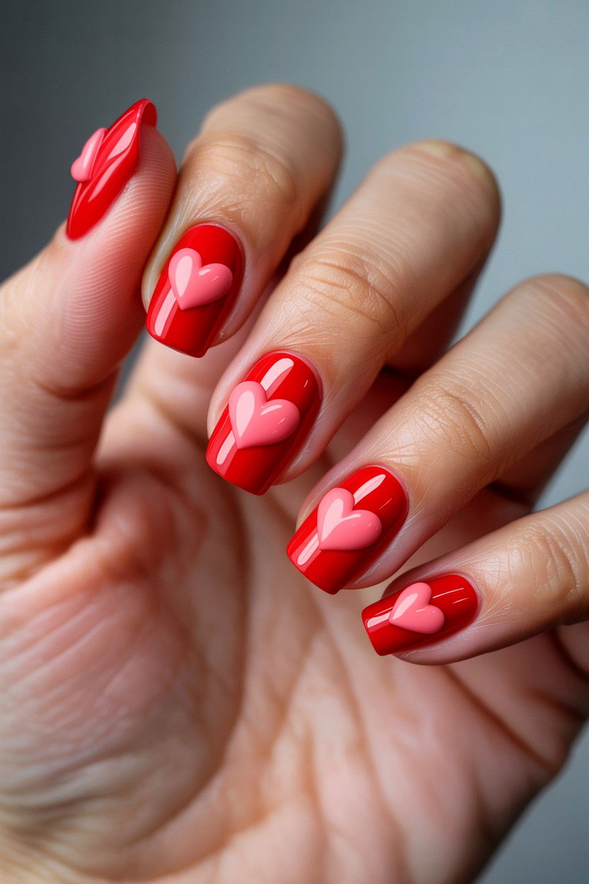 Red 3D Heart Nails - 25 Red Valentine's Day Nail Ideas