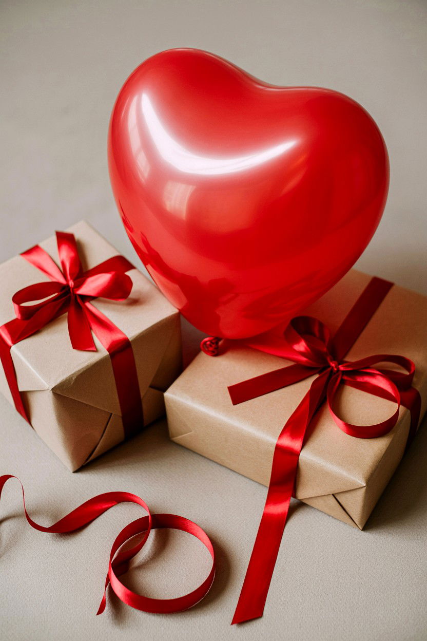 Red Balloon And Gift Wrapping - 25 Valentine's Day Flat Lay Photo Ideas