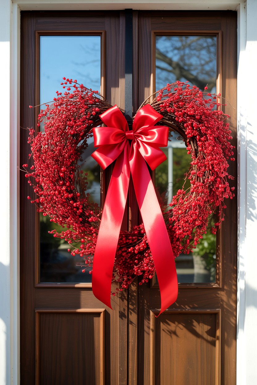 Red Berry Heart Wreath - 25 Double Door Valentine's Day Wreath Ideas