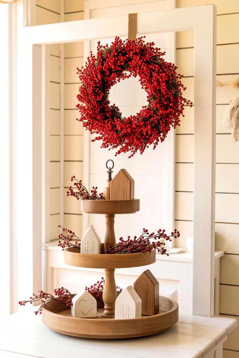 Red Boxwood Wreath - 25 Farmhouse Valentine's Day Tiered Tray Ideas