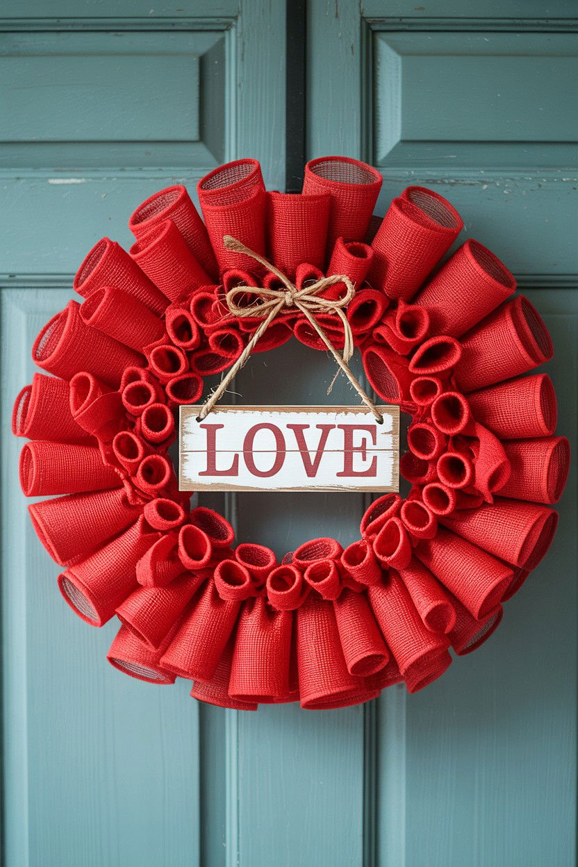 Red Burlap Wreath - 25 Valentine's Day Front Door Ideas