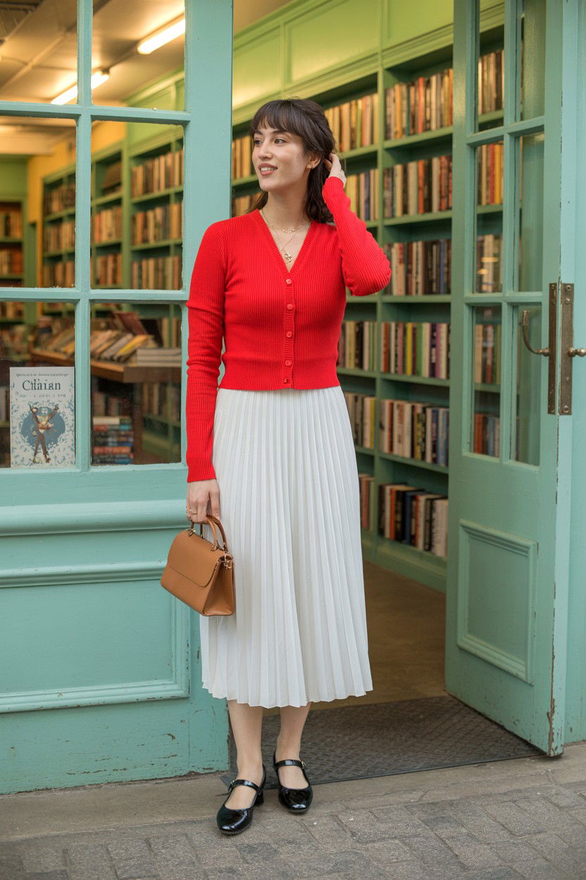 Red Cardigan And Pleated Skirt - 25 Red Valentine's Day Outfits