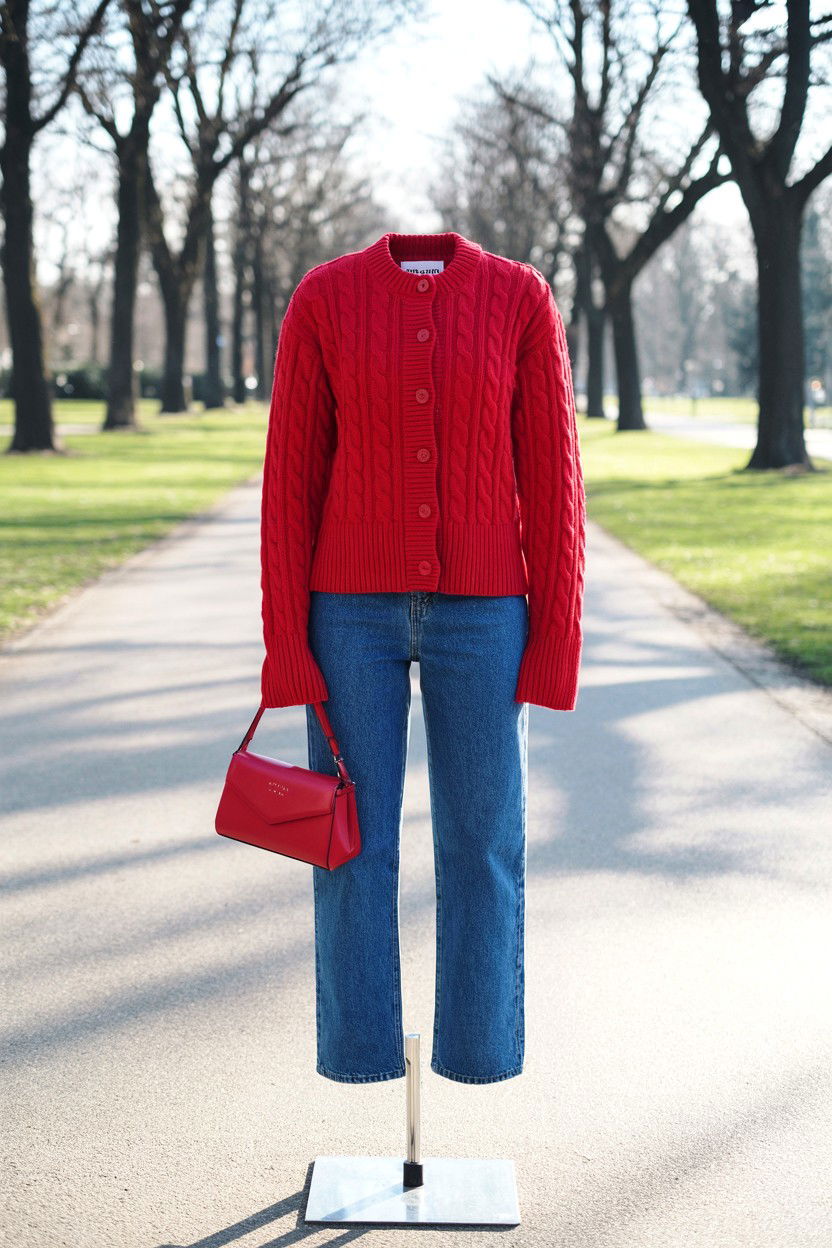 Red Cardigan With Jeans - 25 Cozy Valentine's Day Outfits