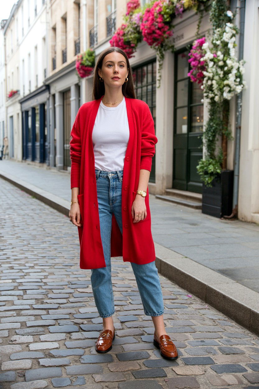 Red Cardigan With Jeans - 25 Cheap Valentine's Day Outfit Ideas