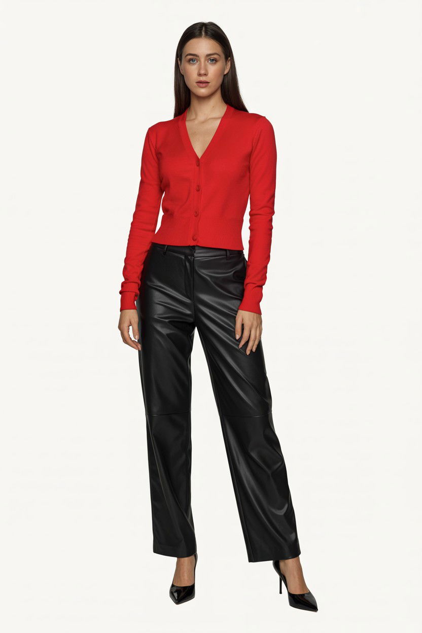 Red Cardigan With Leather Pants - 25 Valentine's Day Cardigan Outfits