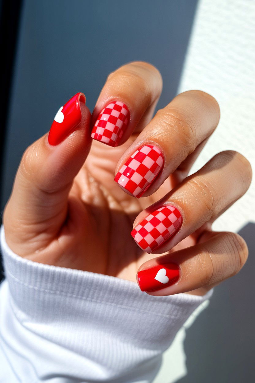 Red Checkerboard Nails - 25 Red Valentine's Day Nail Ideas