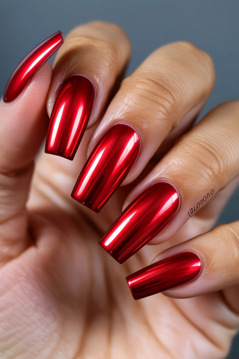 Red Chrome Coffin - 25 Valentine's Day Coffin Nail Ideas