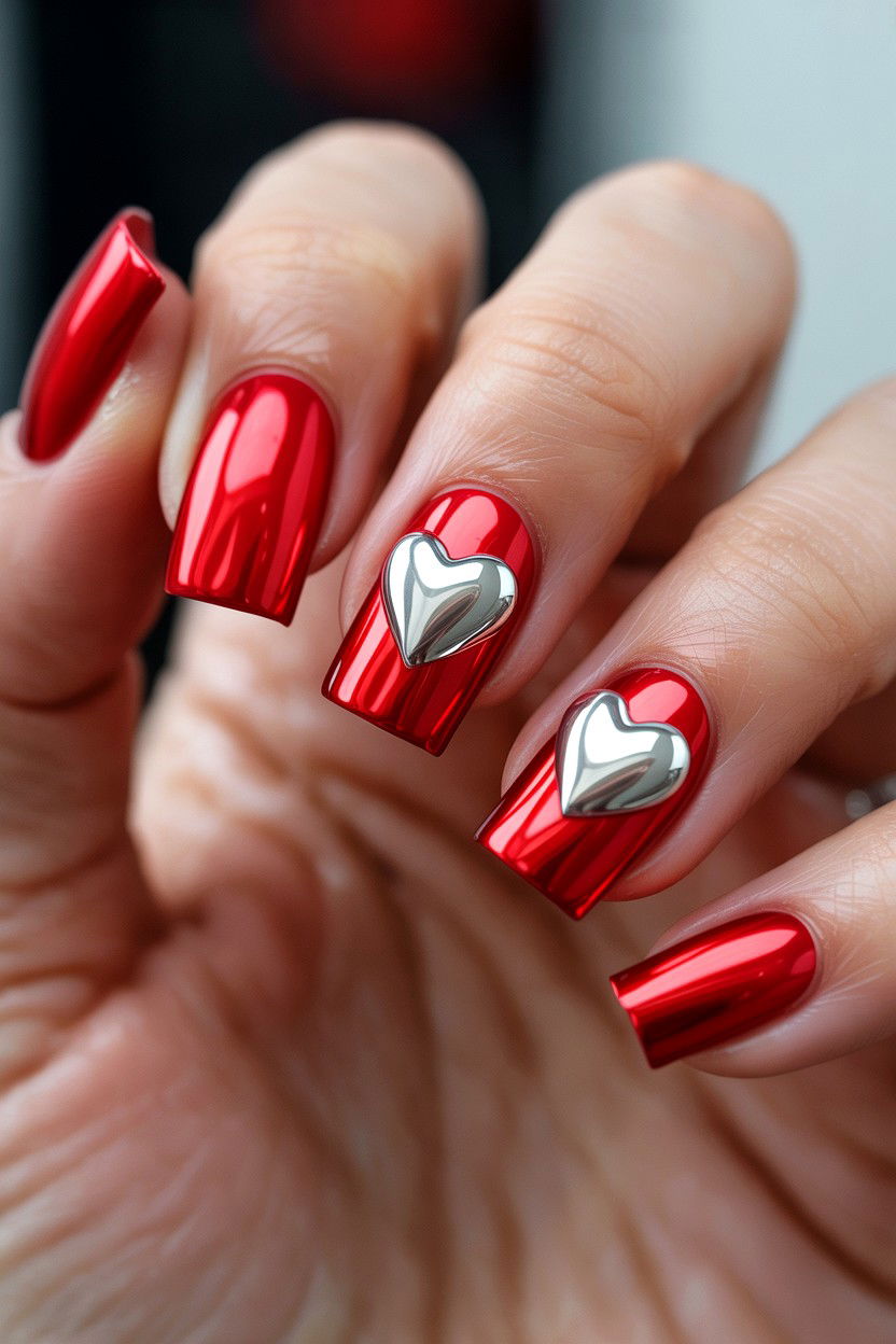 Red Chrome Nails - 25 3D Valentine's Day Nail Art Ideas