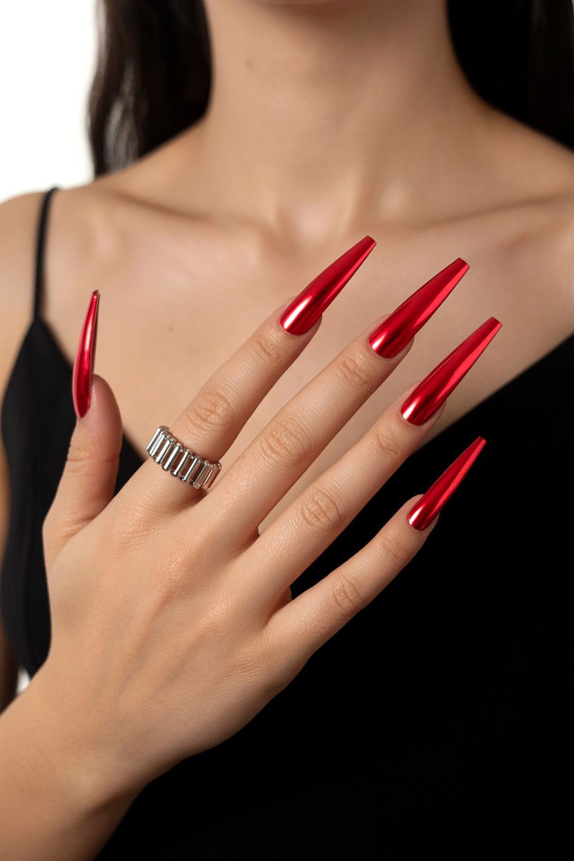 Red Chrome Press On Nails - 25 Valentine's Day Press On Nail Ideas