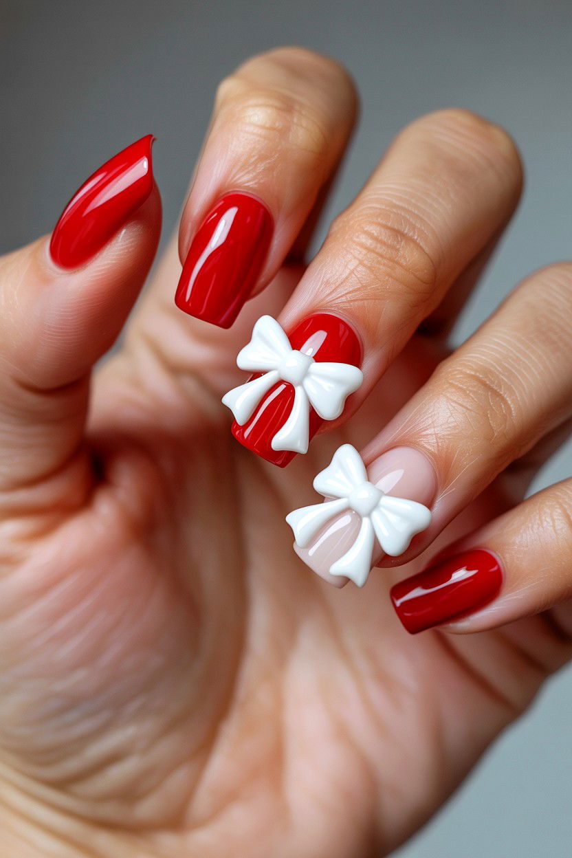 Red Coquette Bow Nails - 25 Red Valentine's Day Nail Ideas