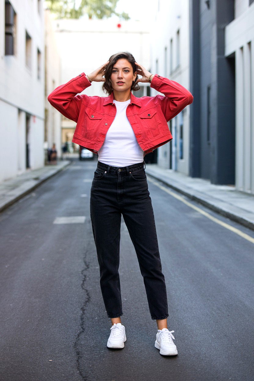 Red Cropped Jacket And Denim - 25 Red Valentine's Day Outfits