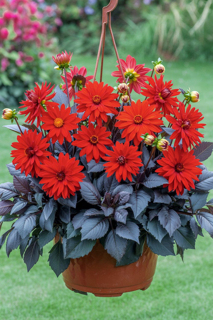 Red Dahlia Hanging Basket - 25 Valentine's Day Hanging Basket Ideas