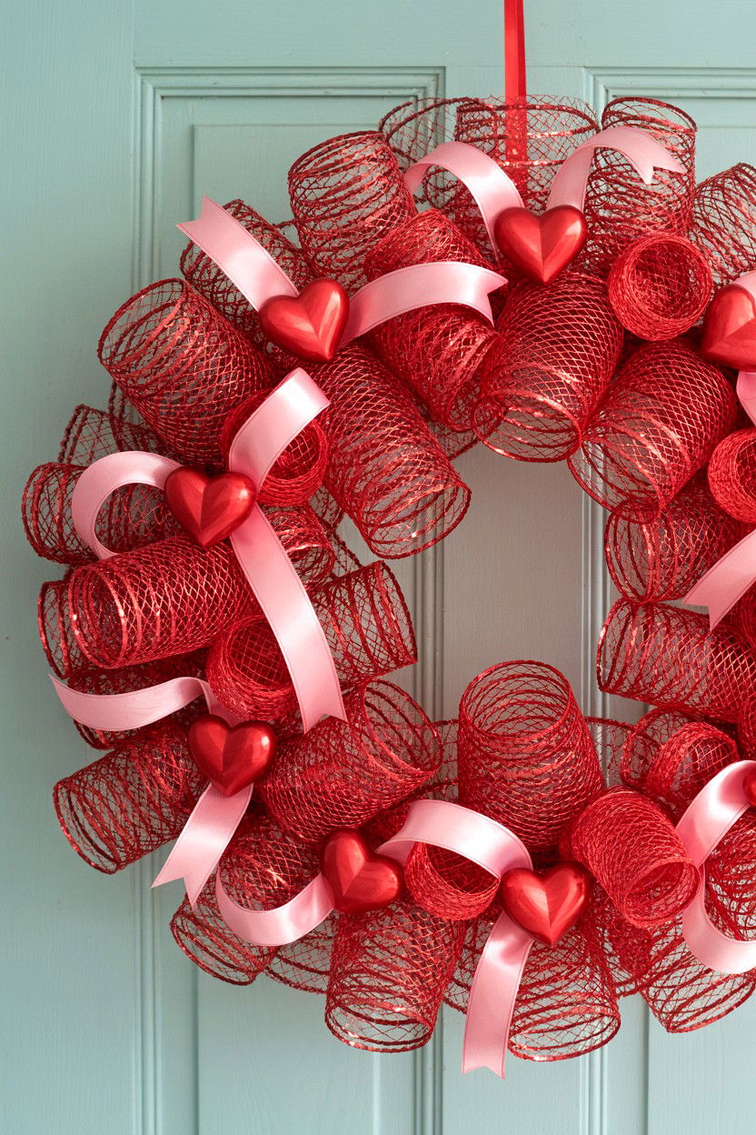 Red Deco Mesh Wreath - 25 Valentine's Day Wreath Ideas