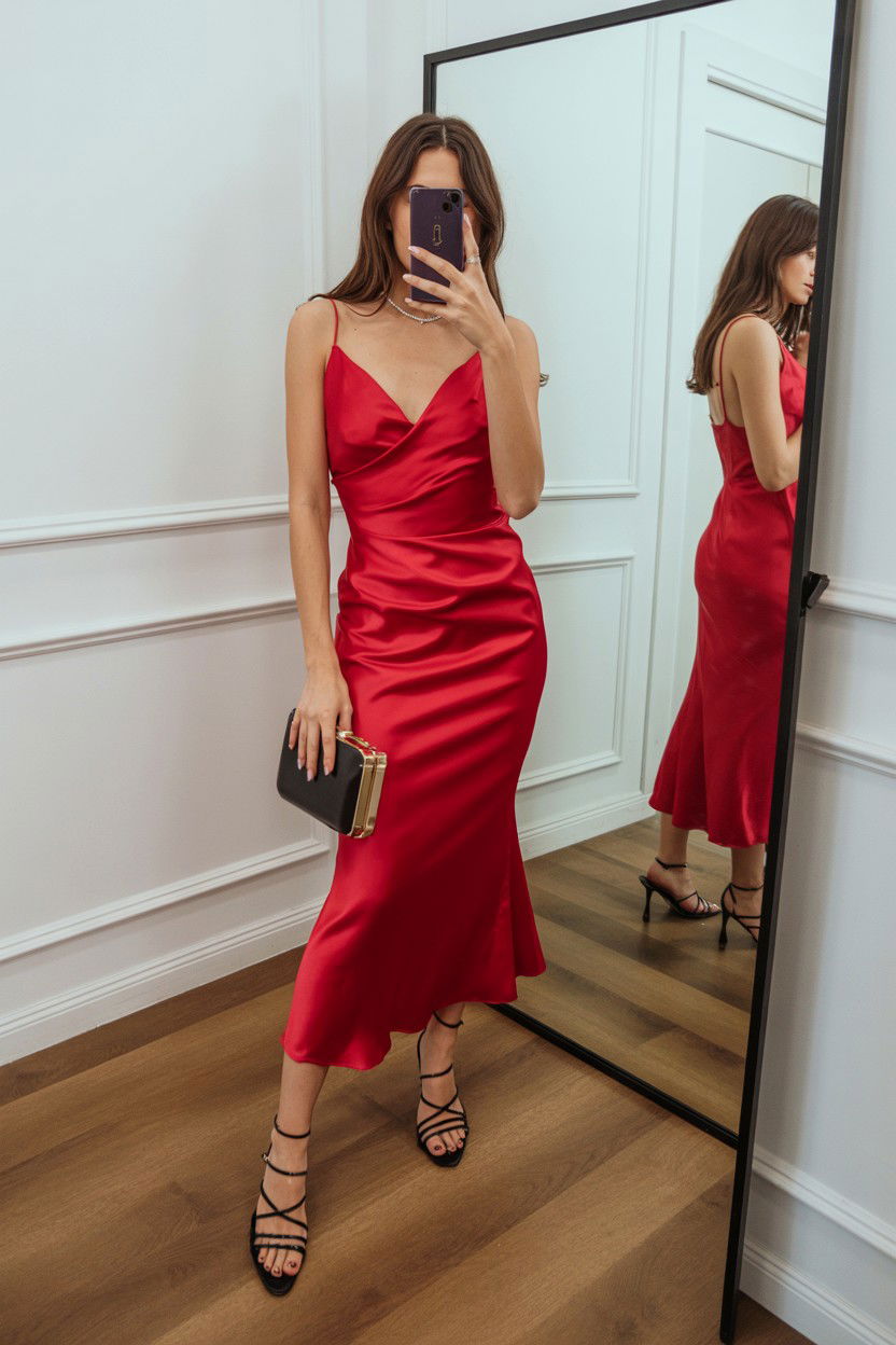 Red Dress Mirror Selfie - 25 Valentine's Day Mirror Selfie Ideas