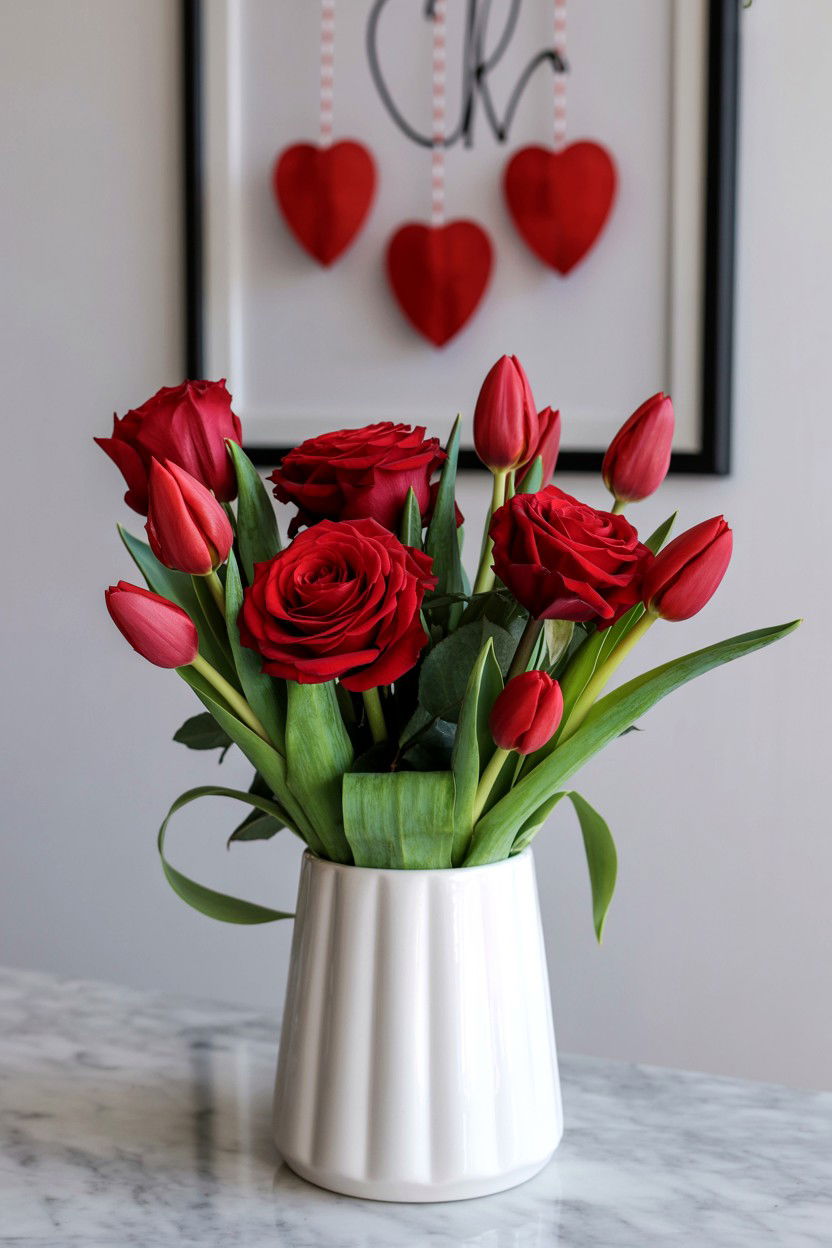 Red Floral Arrangement - 25 Valentine's Day Entry Way Decor Ideas