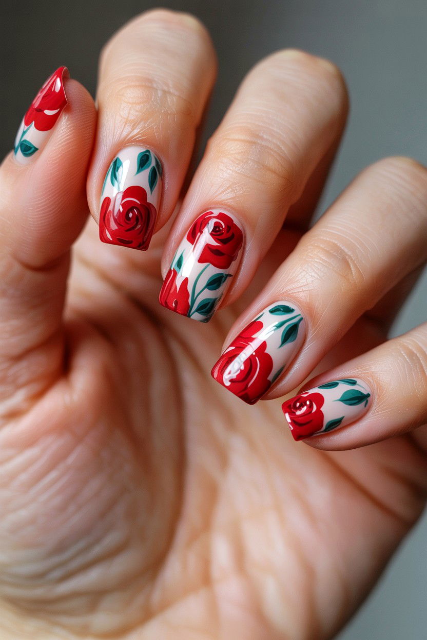 Red Floral Nails - 25 Red Valentine's Day Nail Ideas