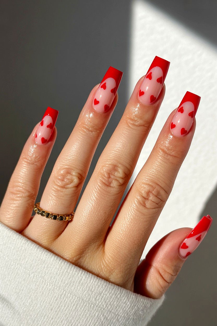 Red French Tip Hearts - 25 Valentine's Day Coffin Nail Ideas